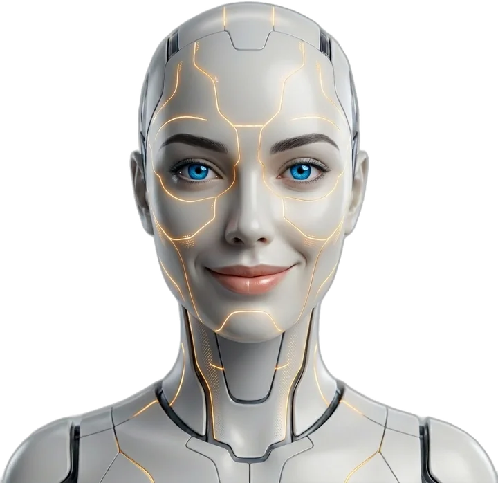 A portrait of Nova: her eyes open and the circuit lines across her face lit.