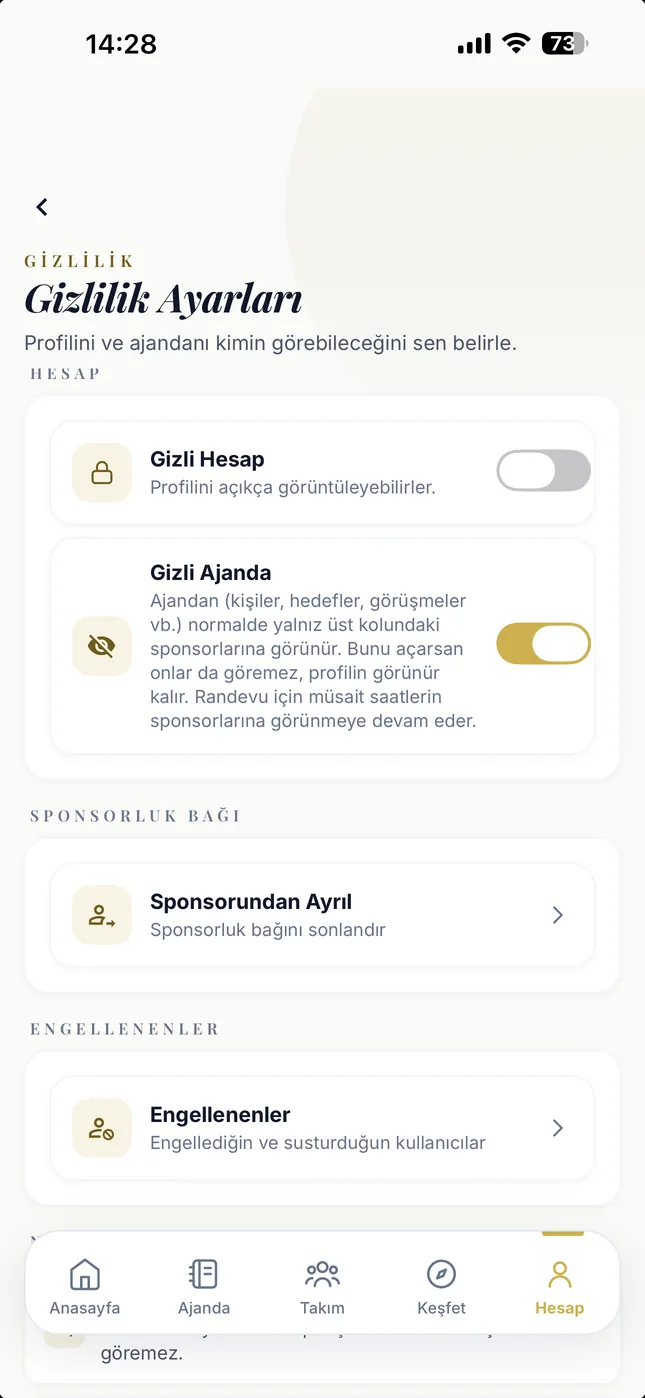The privacy settings screen: Private Account off, Private Planner on, with the sponsorship link and blocked users underneath.